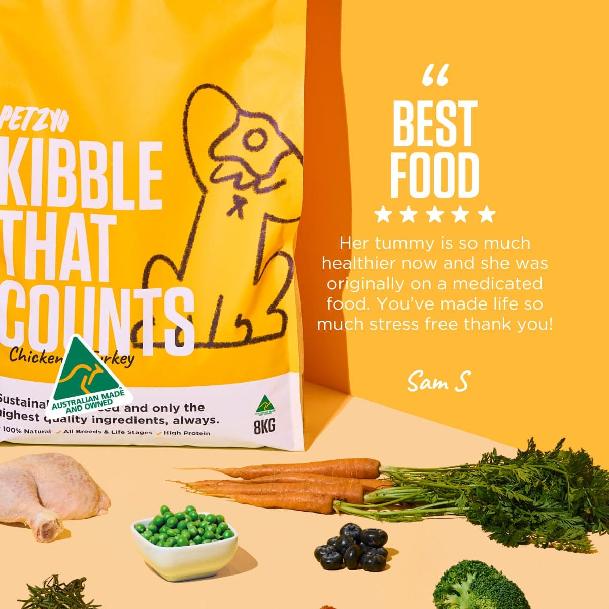 A bag of Kibble That Counts (Chicken & Turkey Flavor) with customers 5 star review.