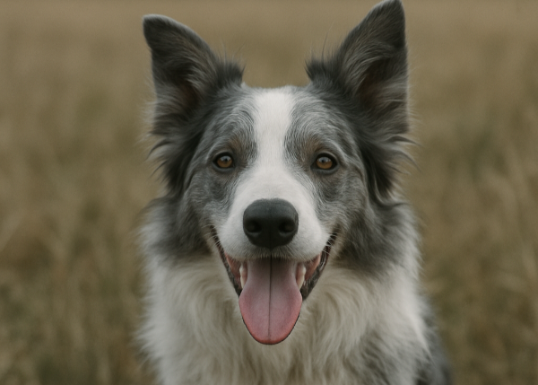 Blue and white border collie smiling