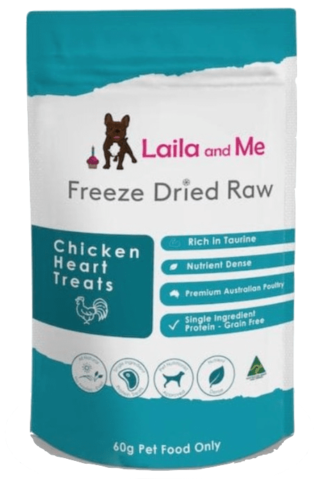 Front view of Laila & Me's Freeze Dried Raw Chicken Hearts