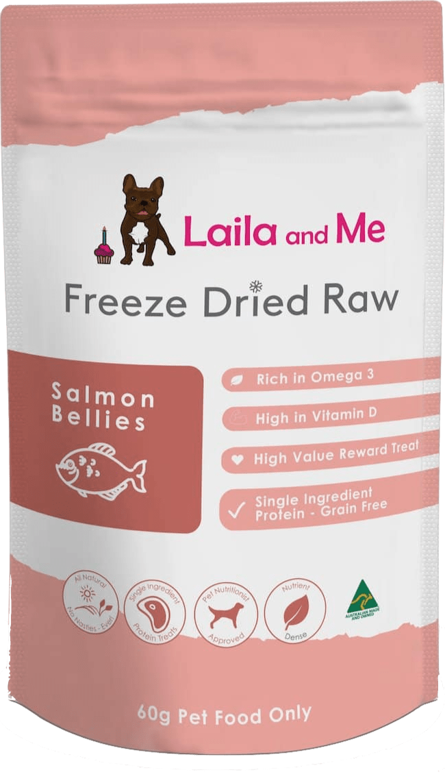 Front view of Laila & Me's Freeze Dried Raw Salmon Bellies
