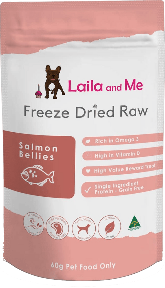 Front view of Laila & Me's Freeze Dried Raw Salmon Bellies