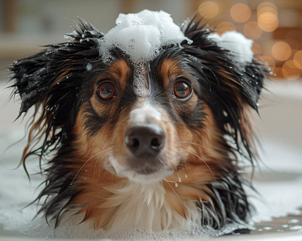 Australian shepherd is taking a bath