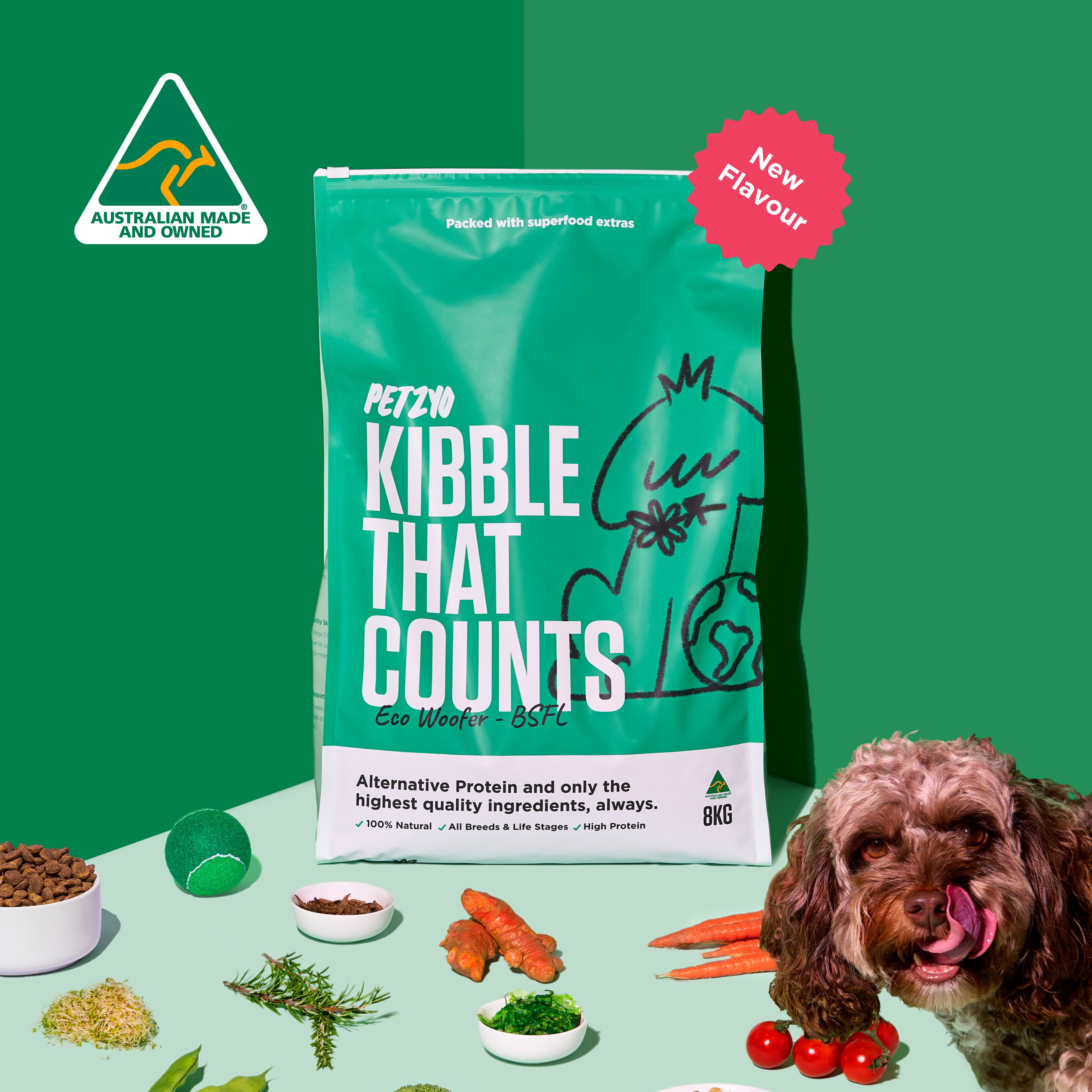 8kg of Kibble That Counts Eco Woofer BSFL and Superfood Extras Petzyo