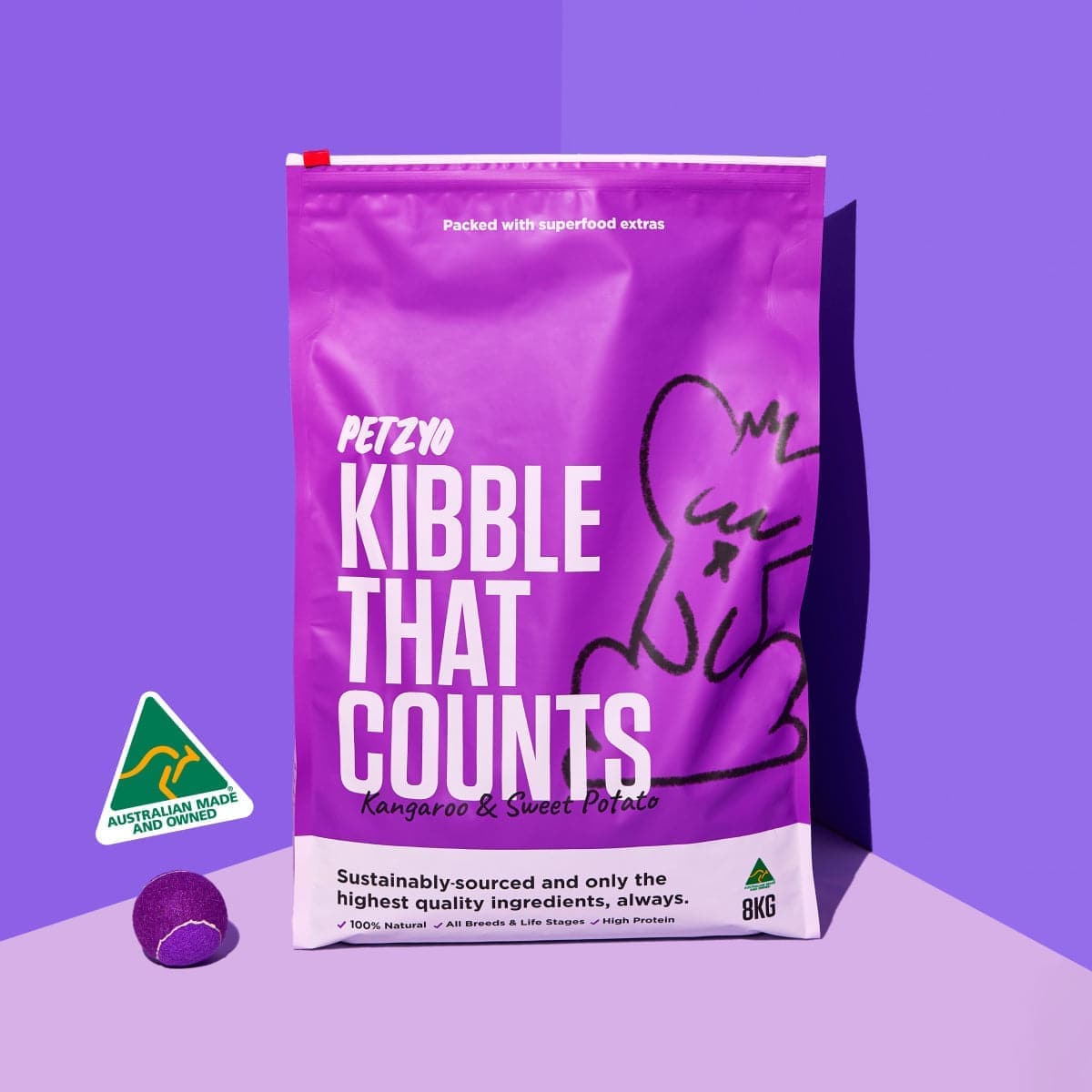 Kibble That Counts, a dry dog food made from kangaroo & sweet potato
