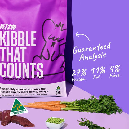 Nutritional breakdown of dry dog food made from kangaroo & other veggies