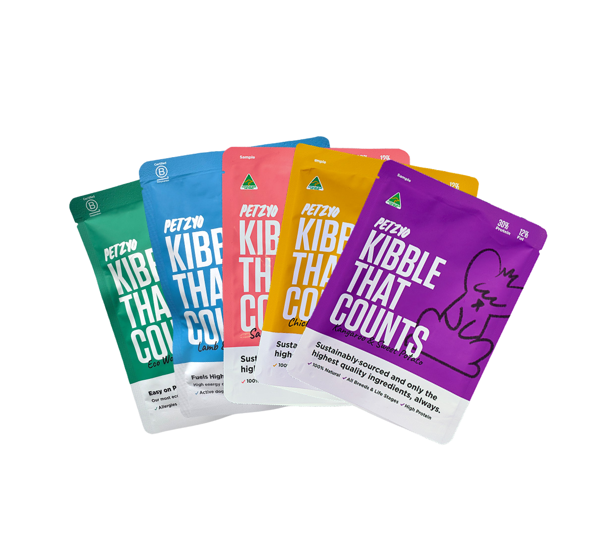 5x ~ 100g of Kibble That Counts - Kangaroo, Chicken, Salmon, Eco Woofer and Lamb