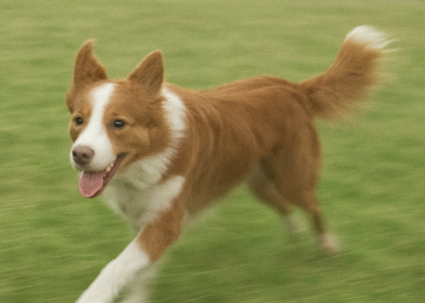 Red & white border collie running in a field