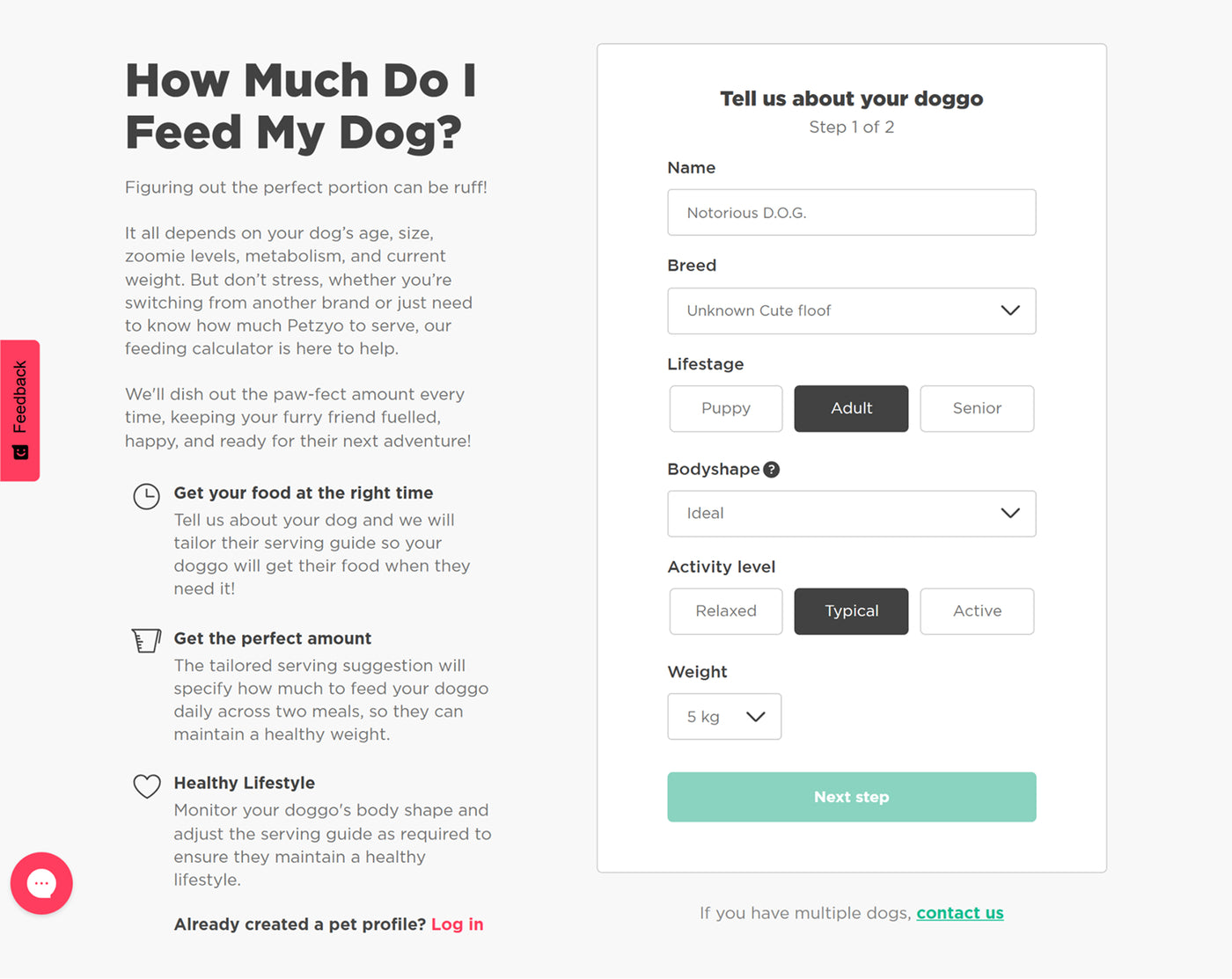 Petzyo's dog food calculation tool with a form to input dog details
